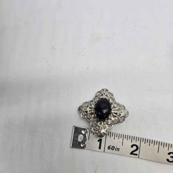 Vintage Victorian Revival Silver Brooch Lapel Pin Black Stone Filigree Cross - Picture 6 of 6